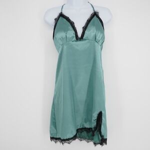 Vintage Y2K Satin Babydoll Top Nightie Sz S M Green Lace Fairy Coquette Dainty